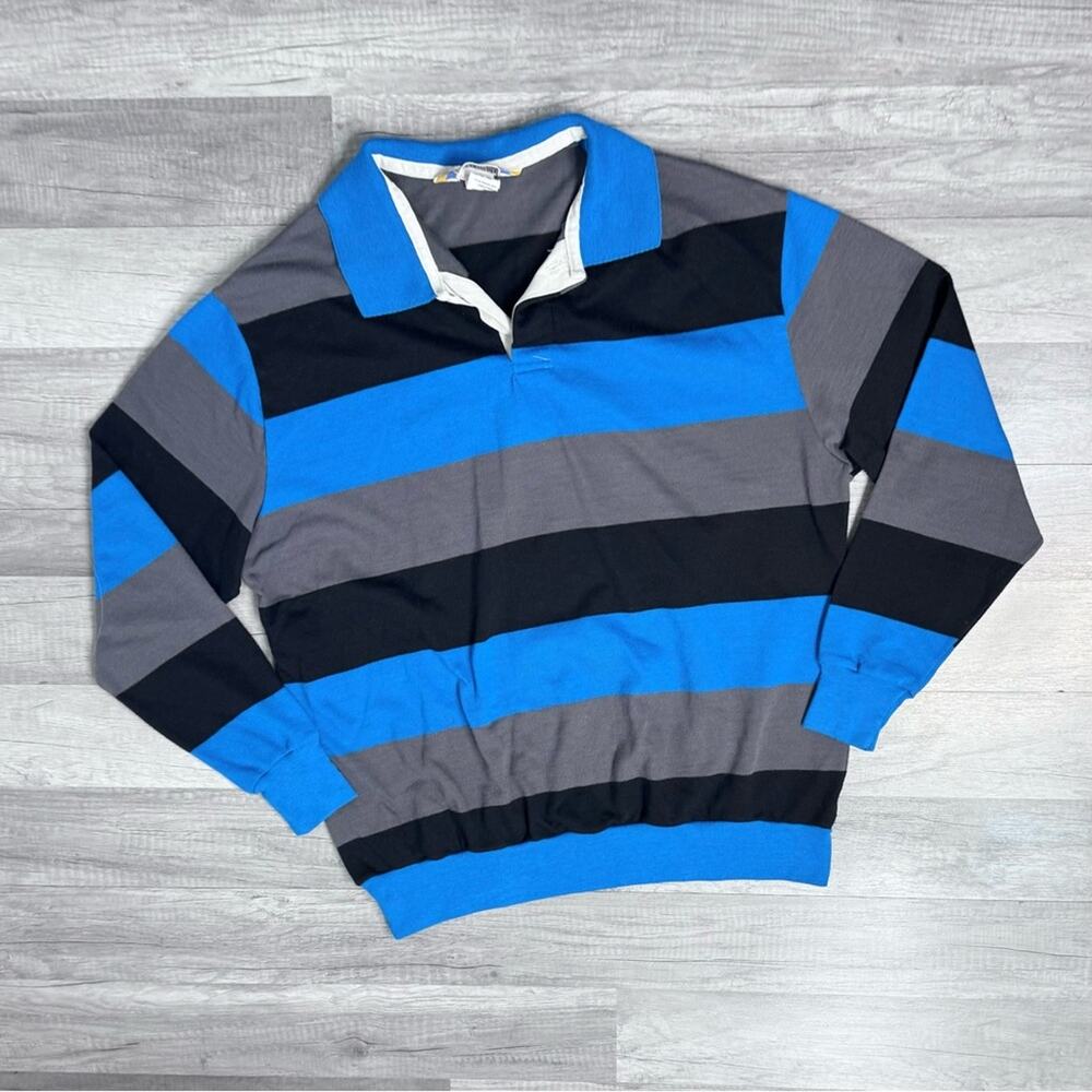 Vintage 90s Visual Effects Rugby Shirt Striped Polo Long Sleeve Blue Gray Black